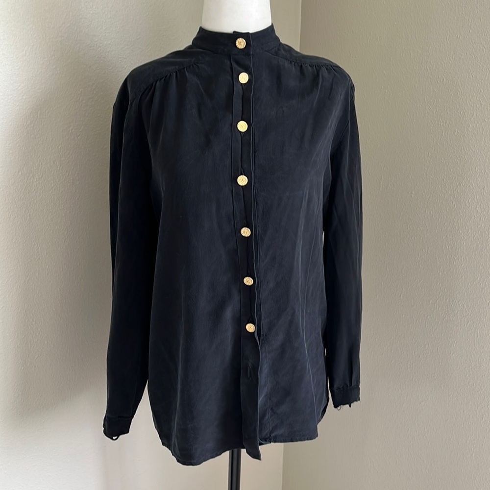 Chanel black vintage silk blouse with bow.
